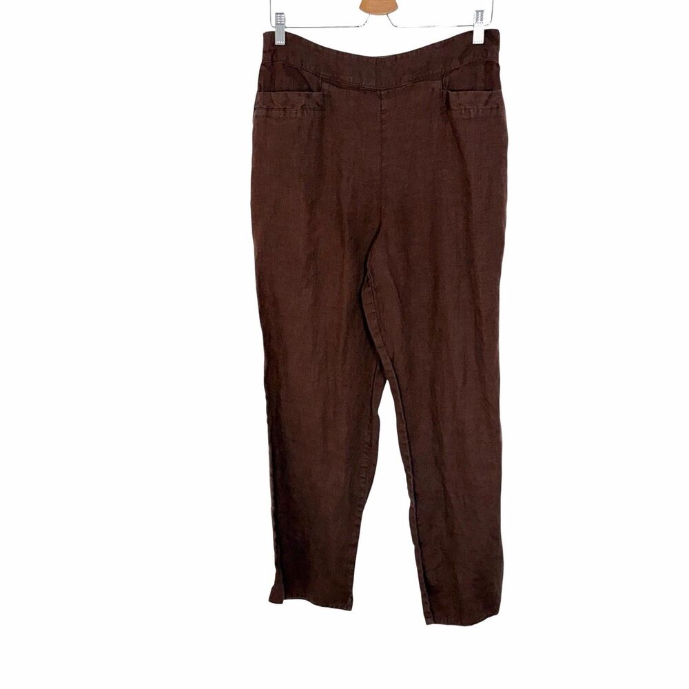 FLAX Small Linen Pants Brown Lagenlook Pull On Roomy Long Leg Pockets